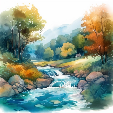 A vibrant watercolour landscape featuring a lively river flowing through a colourful forest. The style is bold and expressive, with bright colours and dynamic brushstrokes. The river is alive with movement, as it rushes over rocks and around bends. The trees are ablaze with autumn colours, creating a stunning contrast with the cool blues of the water. The clipart is highly detailed, with intricate textures and patterns in the foliage and water. The lighting is bright and cheerful, casting warm h