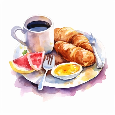 one breakfast time watercolor clip art on a white background, in the style of fine detailed, iconic, weathercore, broad palette knife marks, intense, no watermark, text, words, paintbrush, typography, the images do not stick together