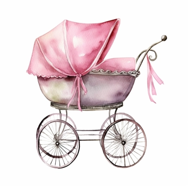 watercolor antique baby carriage pram with pink body, clipart