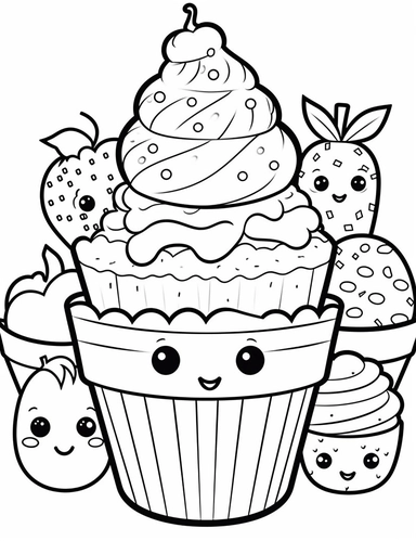 Kawaii Ice Cream with delightful designs and flavors, like blueberry, chocolate chip, and banana For Simple Coloring page,line art, thick lines, black and white,clipart, illustration, on white background,margin Page 10px