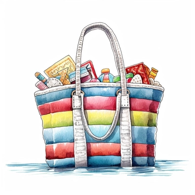 Solid white background, Detailed watercolor beach bag clipart