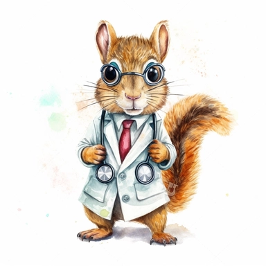 watercolor clipart, vey cute squirell, wearing a stethoscope and a white coat, working as a veterinarian, watercolor style, realistic, bright colors, 300 dpi, 8k, white and clear background, high solution