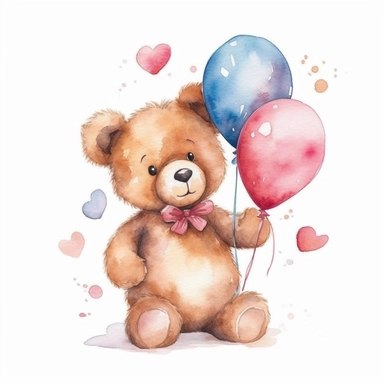 Watercolor Cute Teddy Bear Holding ballons Cliparts,minimalist, isoiliated white background
