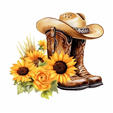 Western Hat And Cowboy Boots With Sunflowers Sublimation Design, Clipart Graphic, white background, high resolution, digital paint, high quality Design