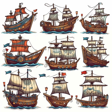 Design a captivating set of cartoon-style pirate ship clipart images, evoking the spirit of adventure on the high seas. Create a variety of ship designs, from mighty galleons to sleek schooners, each adorned with iconic pirate elements like skull and crossbones flags, billowing sails, and cannons. Incorporate playful details such as ropes, wooden planks, and portholes to bring the ships to life. These clipart images will be perfect for children's books, pirate-themed parties, educational materia