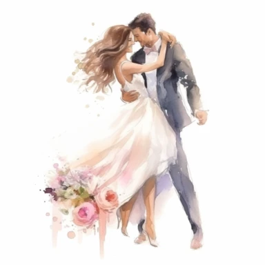watercolor, drawing, illustration of the bride and groom, the bride in a short beautiful dress above the knees, very beautiful, slender bride, laughing, wedding dance, holding a bouquet, flowers, clipart, high resolution image, detailed image, photorealistic, 3D, 4K