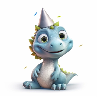 create a cute soft gray color and baby dinosaur wearing a party cap, Pixar animation style, deep eyes, and clipart on white background