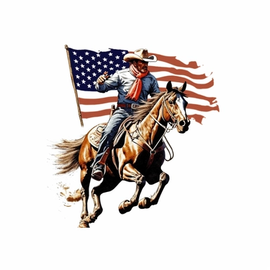 Western dancing cowboy clipart, American flag pattern,ride a horse, sticker art, t - shirt design, white background