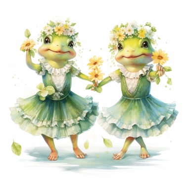 two cute frog designs dancing with flowers clipart, in the style of fairycore, surrealistic poses, animation, kawaii, green academia, beatrix potter, watercolor print, white background, watercolor paint, procreate watercolor drawing, Watercolor Sublimation design, realistic cartoon, realistic water based colors, clipart, transparent white background