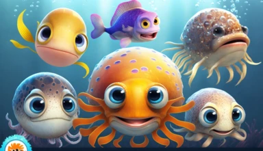 Cute little sea animals. Cartoon funny underwater creatures with big eyes. Marine fauna watercolor clipart set - sea turtle, octopus, jellyfish, seahorse, crab, fish, clown fish, starfish. 50 mm, iso 100, Canon DX1 photorealistic, award winning, soft focus, cinematic lighting, detailed, 4k, professional photo, blured background