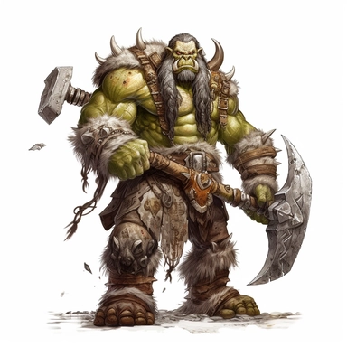 beautiful painted Thrall from World of Warcraft, war chief, full body , holding his orgrim doomhammer, paint art style, detail, clipart, white background, superrealistic, one of a kind