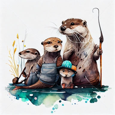 funny otter family going to fishing big fish, CLIPART, watercolor, ink, ultra-detailed, cartoon style, white background, black outside lines –testp,