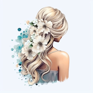 watercolour beautiful blonde wig no person or body just hair wig realistic elegant wedding hairstyle with white glitter wedding flowers in hair back facing ,build a family style clip art illustrated clip art graphics , PNG image,transparent background ,ultra highly detailed, 18k, sharp focus, bright photo with vibrant colours, digitally enhanced,photographic, enhanced graphics, png format, straight, sharp focus, bright lighting, intricate detailed png image ,high definition,300dpi,graphic clipar