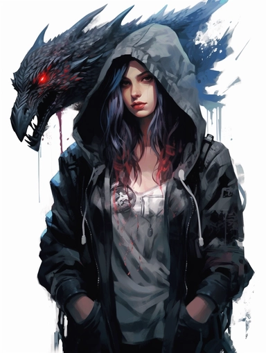clothing brand logo, Gothic, dragon, Templar, cyberpunk, hooded girl, crow on shoulder, high contrast, white background clipart, clipart png, realistic, digital painting, WHITE BACKGROUND, fantasy style, realistic, painting, watercolor, 8k, ultra details,