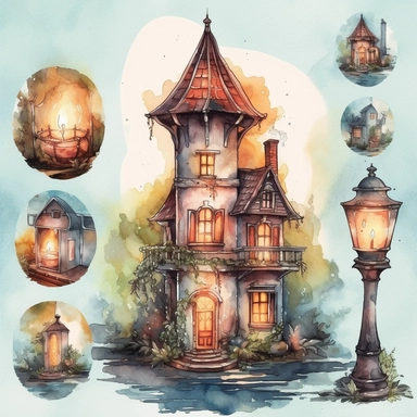 a Candle House watercolor Clipart sublimation clipart graphic, full body, clipart, sticker, a single picture, cartoon style, highly detailed, 8k, one image in the frame--no text in the picture--