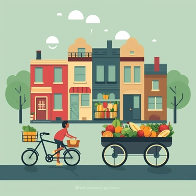 Clipart of a cargo bike with 1 man riding the bike forward, currently in movement, and pulling a trailer on 2 wheels with full farmer's market stall with a human seller and a few shelves of fruits and vegetables. The background is a blurry Montreal-style city street. 2D clipart, animated gifs, dark green, red and yellow, colorful.