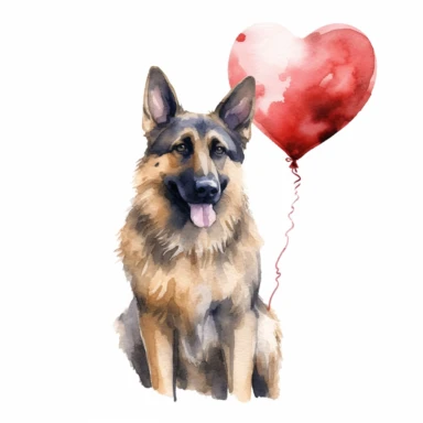 a heart-melting watercolor clipart image of a German Shepherd with a white background, holding a heart-shaped balloon