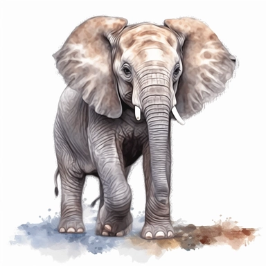 a baby grey African elephant, stood sideways to the camera looking right, shooting water from its trunk, watercolour painting transparent background png clipart