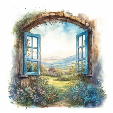 isolated on white illustration watercolor art of a rustic window from inside the house, the window shows the landscape from the garden with forget-me-nots and a road going into the mountains, a lot of forget-me-nots, masterpiece by Hans Zatzka and by Alexander Jansson and by Samuel Melton Fisher style and by Carlo Crivelli style, Art Nouveau Architecture, PNG clipart, isolated on white, extreme photorealistic details, 32k HD resolution, realistic high detailization high resolution