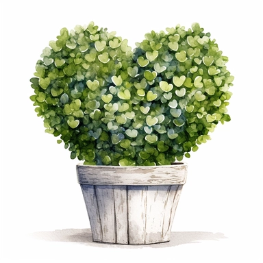 watercolor, hyper realistic, white background, white margins, 16k, ultra detailed clipart, cut out image, hand-drawn a topiary planter with heart-shaped foliage, symbolizing love and romance in a botanical form. in the style of furaffinity, witty vignettes, charming vignettes, beatrix potte
