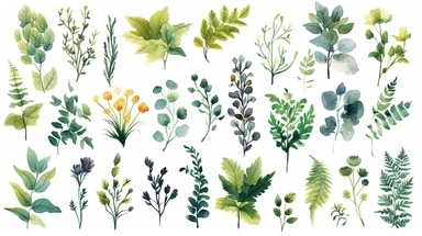 Create a set of watercolor clipart featuring modern art prints inspired by enchanting woodland foliage. Utilize abstract and contemporary watercolor techniques to depict the organic shapes, vibrant colors, and intricate patterns found in woodland plants such as ferns, moss, ivy, and wildflowers. Each art print should showcase a unique and captivating interpretation of the foliage, blending the natural world with modern artistic elements. The transparent background will provide flexibility for de