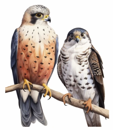 realistic watercolor male & female eurasian hobby, screenshot, clipart, super detailed, in the style of medieval watercolor illustrations, intricate detail, on solid white background , no shadow, oil paintings