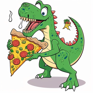 happy cartoon dinosaur eating a pizza clipart