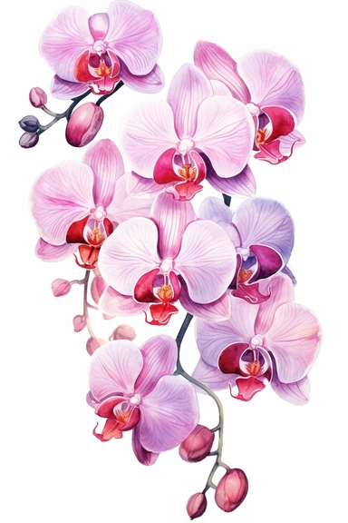 orchids flowers funny, sweet, watercolor, watersplash, White Background, Clipart kawaii clip art, white background, illustration, detailed, realistic, botanical, adorable eyes, watercolor