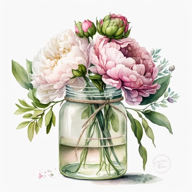 [4263445457] Watercolor clipart. A delightful fusion of pink, white, and green hues come together in this watercolor depiction of a peony bouquet resting in a jar.. White background. No text. No caption. No logo