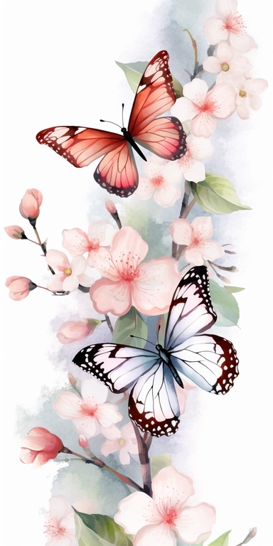 clipart Watercolor art of a cherry blossom branches, and butterflies, with soft pastel hues, illustration in the style of Ayami Kojima and J.C. Leyendecker, pixiv, high quality, highly detailed,on white background,fit image on paper, align center and middle, iw 0.75
