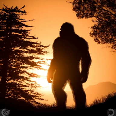 clipart of a sasquatch in a clearing, Silhouetted against a setting sun, hyper realistic, high definition, sharp focus, contour, edges of image fade to white