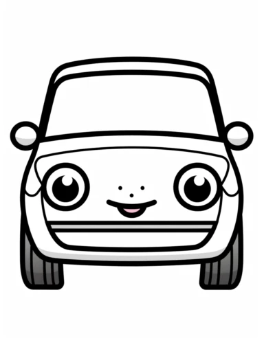Kawaii smiling car with cute eyes and a friendly face For Simple Coloring page,line art, thick lines, black and white,clipart, illustration, on white background,Detailed,Details