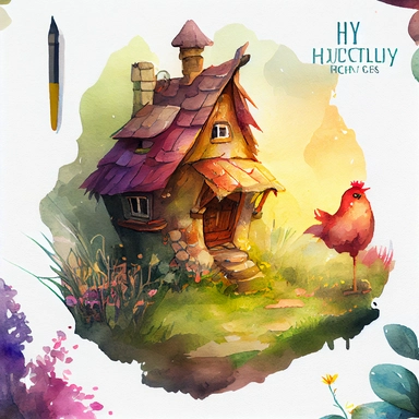 Fairy landscape-the hut on chicken legs, Watercolor clipart, details