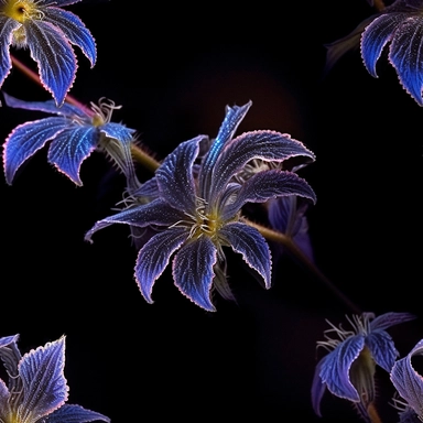 Purple borage flowers as a clipart with black background. A masterfully crafted digital artwork that explores the beauty and intricacy of purple borage flowers. The composition offers a close-up perspective, allowing the viewer to marvel at the delicate details of each petal and the unique patterns they create. Soft lighting highlights the vibrant purple tones, evoking a sense of tranquility and serenity. The artwork exhibits a contemporary realism style with a touch of impressionism, reminiscen