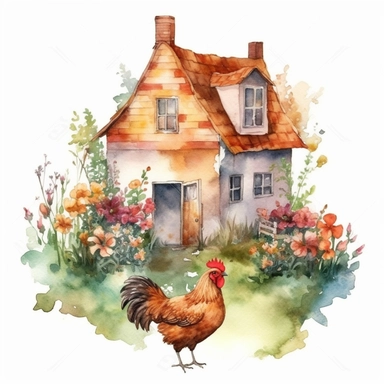 Small Farm house for Chicken Sitting over leaves and Flowers Surrounded,Isolated,Watercolor Clipart,White Background