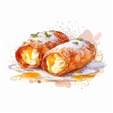 Cannoli: Crispy pastry tubes filled with sweet ricotta cheese, watercolor clipart illustration, flat blank transparent background, food photography, soft cinematic lights, juicy, bright, high quality, ultra detailed, 32k