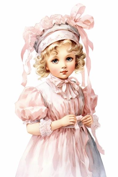 Delicate little girl in a pastel pink lace dress with puffed sleeves and a satin ribbon belt. Her head is adorned with a matching bow bonnet. Pastel clipart, white background