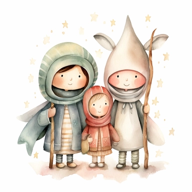 A watercolor painting of a cute nativity with Mary and Joseph, Christmas, cute detailed digital art, inspired by nicoletta ceccoli, by Kubisi art, whimsical and cute, by nicoletta ceccoli, cute detailed artwork, glimmering, adorable and whimsical, whimsical art, Clipart style, png style, svg style, blank white background, a solid white background