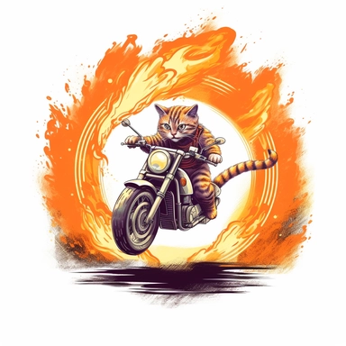 Draw a clipart of a cat performing a stunt on a motorcycle, such as a wheelie or jumping through a ring of fire. Low detail. White background, soft lighting. In the style of Bob Ross