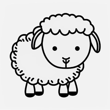 Simple outline of a Lamb, coloring page, kids cartoon, minimalist, black on white, lineart, 2d flat file, silhouette, clipart, uninterrupted outline as in an svg, perfect outline corners, make it an outline svg and fill color white, exact outline, the line should not be thickened, the line should not be thicker or thinner, the outline of the line should be thin, maximum 1 millimetre