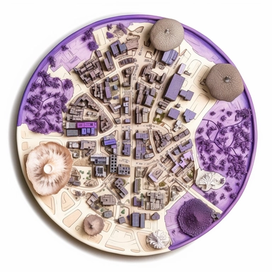 top-down view of a round scientific culture dish containing a simple map of a city block made with white fungal mycelium threads for the roads, a few major landmarks are small purple mushrooms, clean white background, iconic, clipart style, simple, cartoon, light colors, no grey