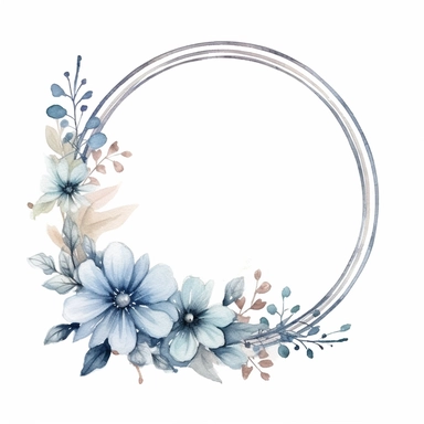 watercolor clipart of a empty suttle dainty floral oval frame surrounded by dusty blue color flowers. Capture the essence of blooming beauty and intricate details in your artwork, white background