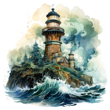 Dark fantasy lighthouse Clipart, Watercolor, hyper realistic, intricate detail, illustration style, high resolution, on the white background