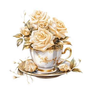 watercolor, white background, clipart, watercolor, white background, ultra-realistic and hyper-detailed clipart beautiful pile of teacups with white roses, white and rich gold hues