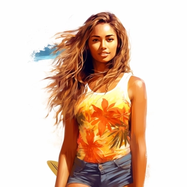 beautiful stunning pretty young surfer hawaiian woman , paint art style, clipart, white background, superrealistic, one of a kind