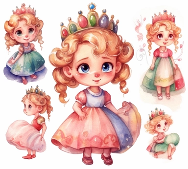 cute adorable little Hungarian princess character watercolor clipart, full body, disney, pixar