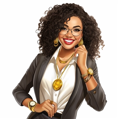 amazing businesswoman clipart, stylish, confident, and has the perfect smile. With her beautiful curly long hair, trendy colorful fashion clothes, gold jewels, and luscious fingers, gorgeous ebony light skin tone that makes her stand out, businesswoman clipart, white background