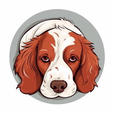 A cutecore clip art Irish red and white setter with a big head and big round eyes body is curled up, body is a spherical shape