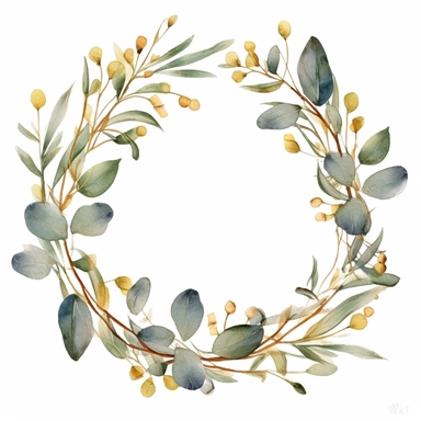 cirlce of golden vines, eucalyptus leaves on the half the vines, wreath, not a lot of leaves, watercolour clipart