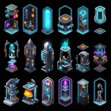 isometric, spritesheet, game assets, futuristic elevator sprites, isometric perspective, game sprite, sci-fi, cute, fun, creative, cartoon, clipart, hyper-detailed, black background